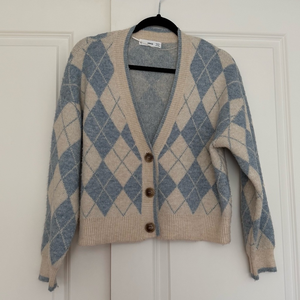 MANGO Knitted Cardigan With Diamonds | Argyle Blue Cream - Size S